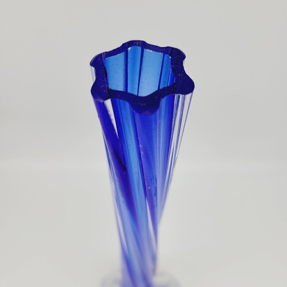 Vintage Cobalt Blue Encased Twisted Blue Art Glass Vase Elephant Foot Base 11.5" - Picture 5 of 7